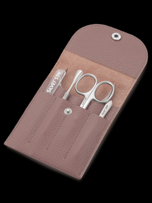 Маникюрный набор кофейный, натур кожа, 5 предметов, на кнопке - Silver star фото 3