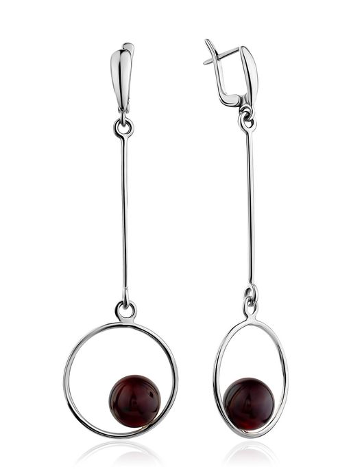 Длинные геометрические серьги из серебра и вишнёвого янтаря Юпитер