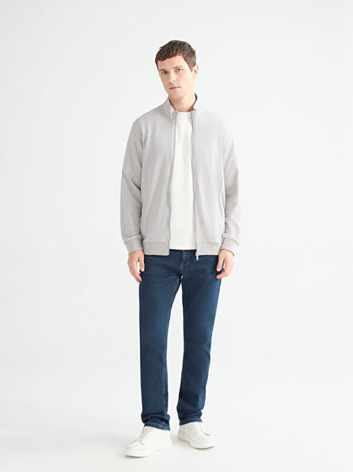 Rahat Kal?p Dik Yaka Erkek Fermuarl? Sweatshirt
