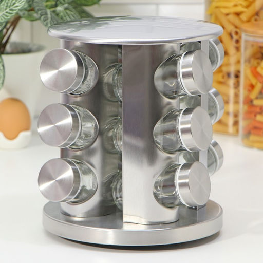 Набор для специй на подставке «Профи», 19×20 см, 12 шт., стекло, серебристый