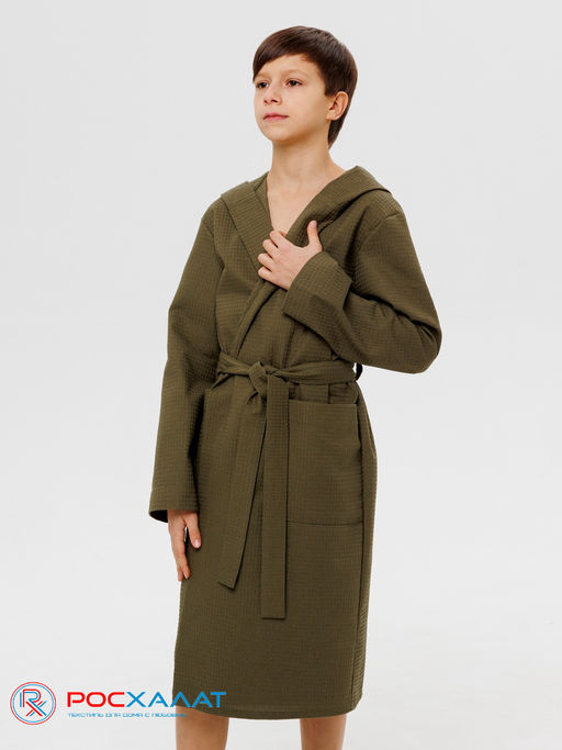 Подростковый вафельный халат с капюшоном хаки В-18 (26)