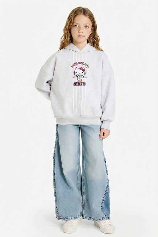 Hello Kitty Oversize Geni_ Kal_p Kap__onlu S_rt Bask_l_ __i Yumu_ak T_yl_ Sweatshirt K_z _ocuk - Defacto фото 2