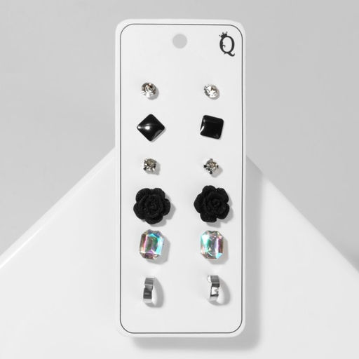 Цена за 2 шт. Серьги пусеты QF «Романтика», 6 пар, розочка, чёрно-белые в серебре