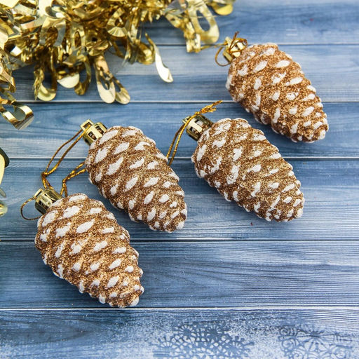 Цена за 2 шт. Ёлочные игрушки 4 шт. «Шишка» 3.5×7 см, золотисто-белый