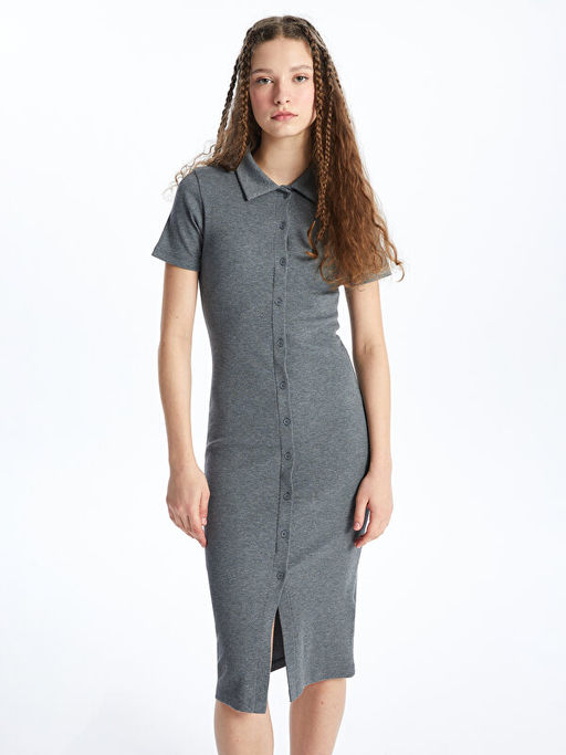 Polo Yaka D?z K?sa Kollu Kad?n Bodycon Elbise