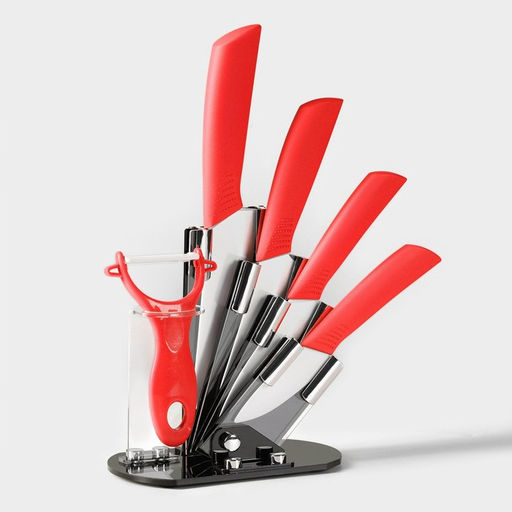 Набор кухонный на подставке Доляна, 5 предметов: ножи 7,5 см, 10,5 см, 13 см, 15 см, овощечистка, цвет красный  фото 3
