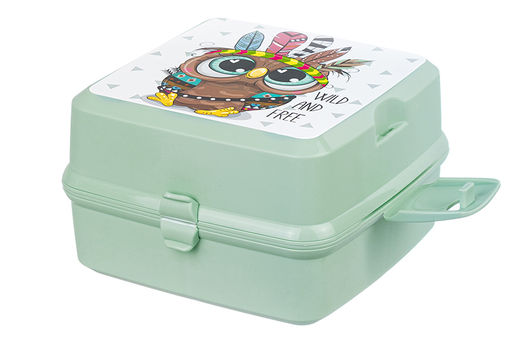 Ланч-бокс 1,2 л 15*15*9 см Бенто Сова в перьях + вилка и ложка, фисташковый (модель 487) - Elan gallery фото 5