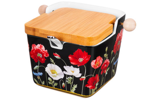 Банка для сыпучих продуктов 300 мл 12*9,5*9 см Маки на черном с отк. бамбук.крышкой NEW BONE CHINA - Elan gallery фото 2