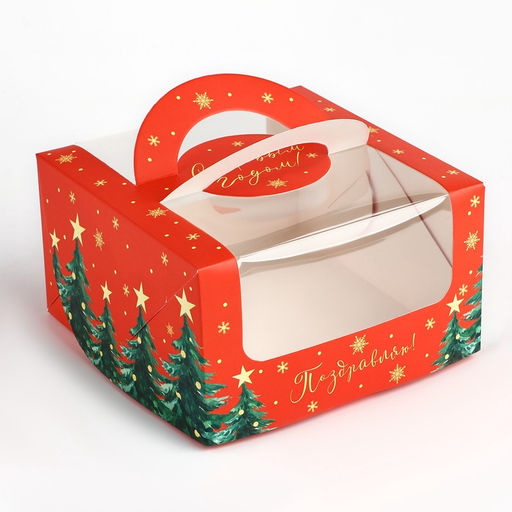 Цена за 5 шт. Коробка под бенто-торт с окном «С Новым годом!», 14 х 14 х 8 см