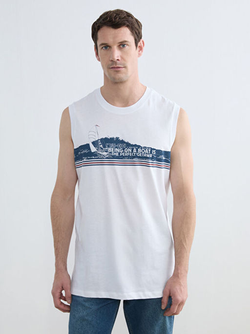 Bisiklet Yaka Bask?l? Erkek Kolsuz Ti??rt