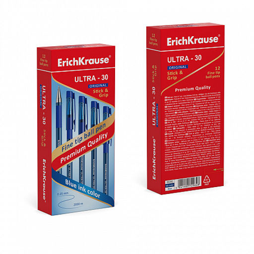 Цена за 12 шт. Ручка шариковая ErichKrause ULTRA-30 Stick&Grip Original 0.7, Super Glide Technology, цвет чернил синий (в коробке по 12 шт.)  фото 3