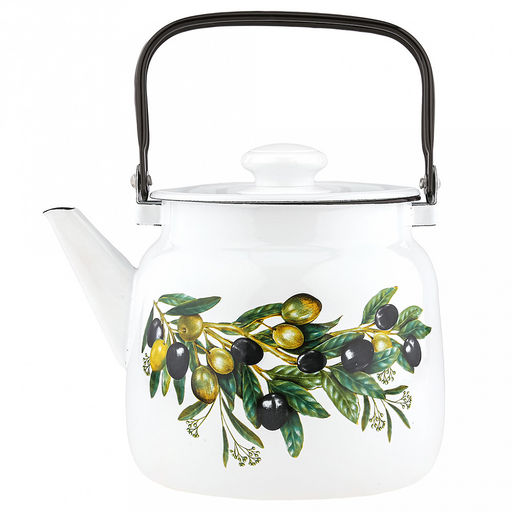 "Оливковая ветвь" Чайник эмалированный 3,5л, д19,4см, h16,2см, s0,08мм, двойной слой эмалевого покрытия, металлическая крышка с пластмассовой ручкой-кнопкой, металлическая подвижная ручка (Россия)