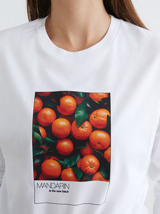 Bisiklet Yaka Bask?l? Oversize Kad?n Ti??rt