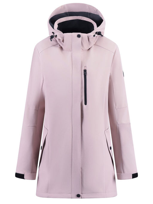 Парка женская софтшелл виндстоппер удлинённая с капюшоном розового цвета 9618_1R
