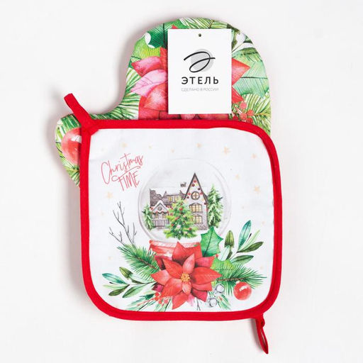 Набор кухонный Christmas red flowers варежка-прихватка 20х28см, прихватка 19х19см, 100% хлопок - Этель фото 6