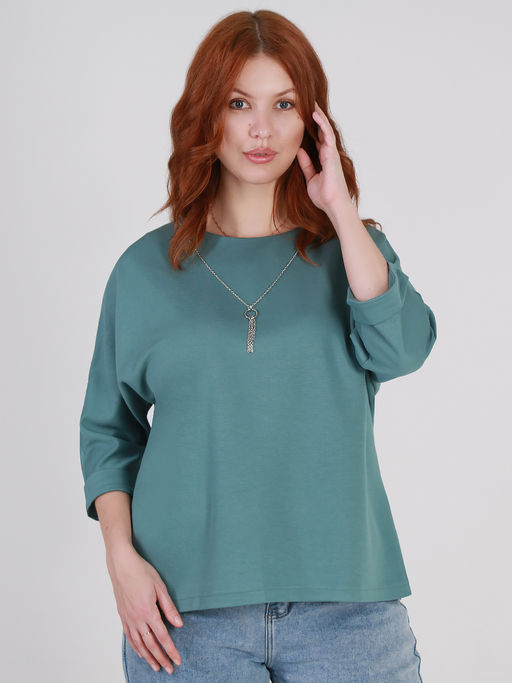 Блузка с украшением базовая трикотажная бирюзовая