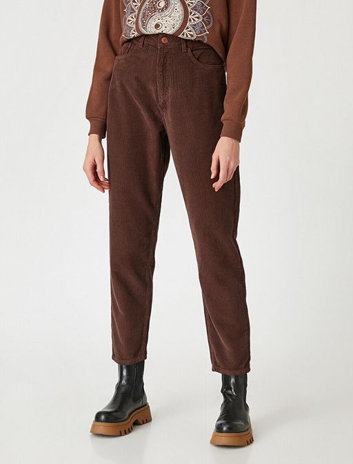 Бархатные брюки Mom с завышенной талией - Коричневый