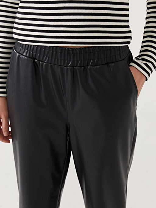 Beli Lastikli Havu? Kesim Deri G?r?n?ml? Kad?n Pantolon