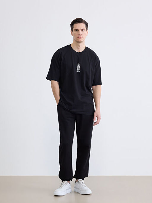 Bisiklet Yaka Bask?l? Oversize Erkek Ti??rt