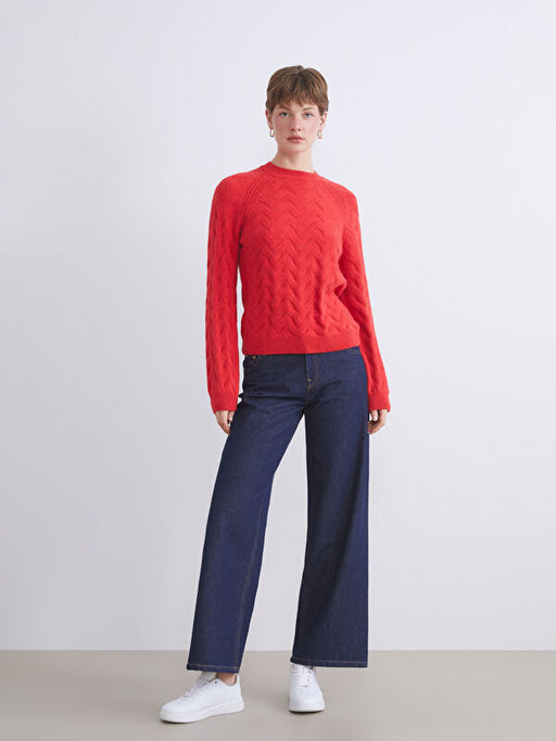 Bisiklet Yaka Kendinden Desenli Kad?n Triko Kazak