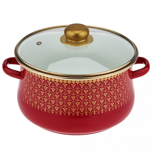 Набор эмалированных кастрюль "Ажурный" 3 предмета: 2л, 3л, 4л, цилиндрическая форма, стекляннеая крышка с пластмассовой ручкой, ободок из нержавеющей стали, бордовый (Россия)