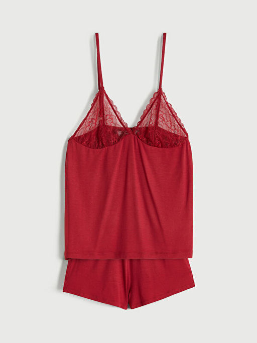 V Yaka Dantel Detayl? Kad?n ?ortlu Pijama Tak?m?