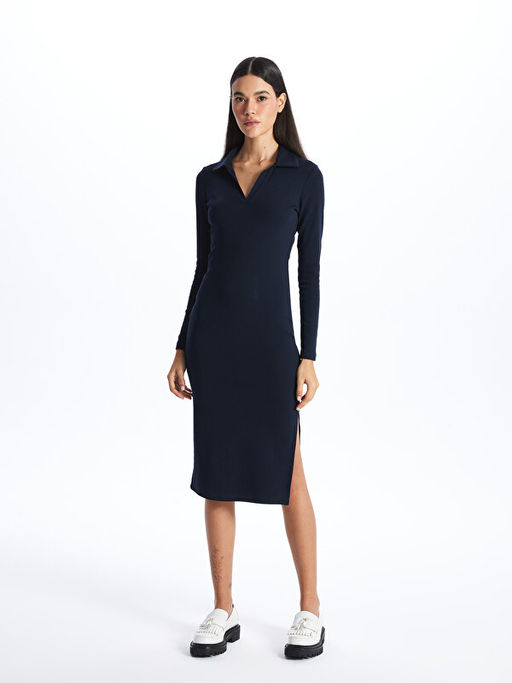 Polo Yaka D?z Uzun Kollu Elbise