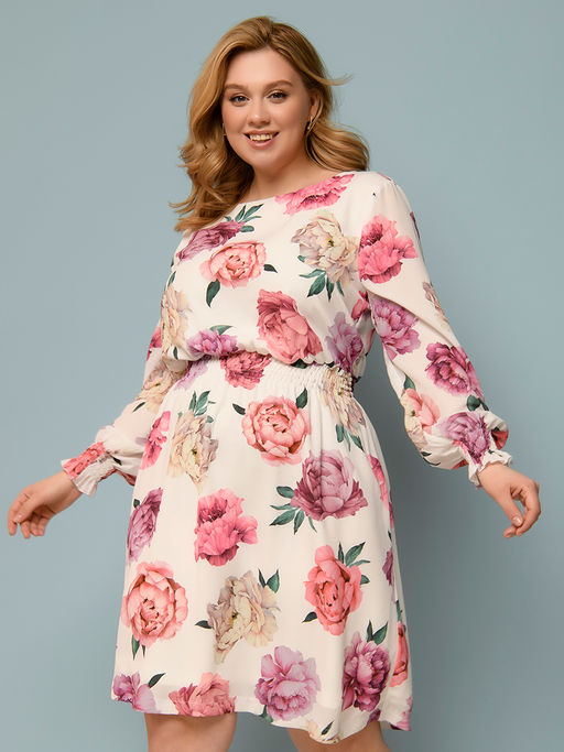 Платье белое с цветочным принтом и длинными рукавами - 1001dress фото 5