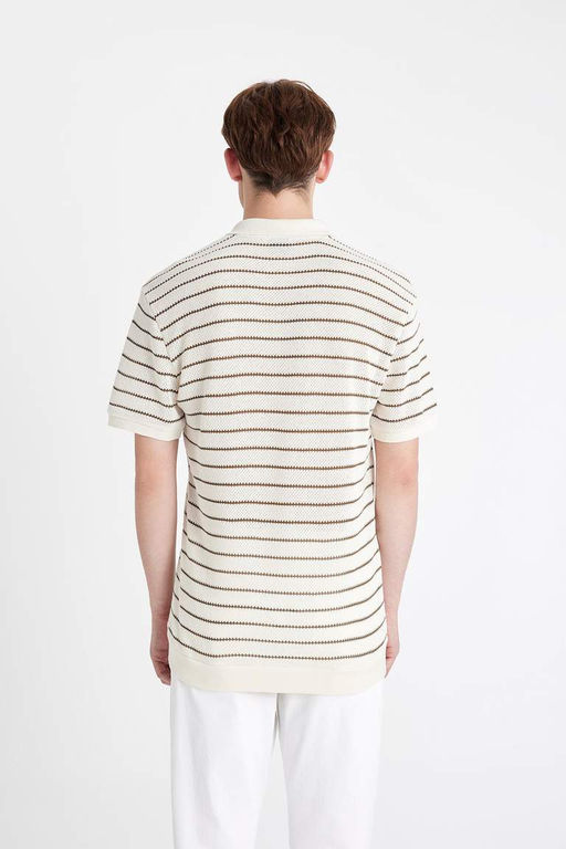Трикотажная футболка-поло обычного кроя в полоску с короткими рукавами - Defacto фото 8