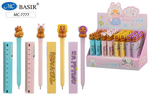 Цена за 2 шт. Ручка шар. "Капибара" (MC-7777) синяя, 0,5мм, цветной корпус, объемный колпачок в виде линейки, наконечник с фигуркой