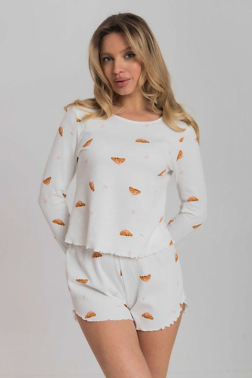 Пижама лонгслив и шорты из интерлока М325418мк молочный/коричневый - Елена фото 2