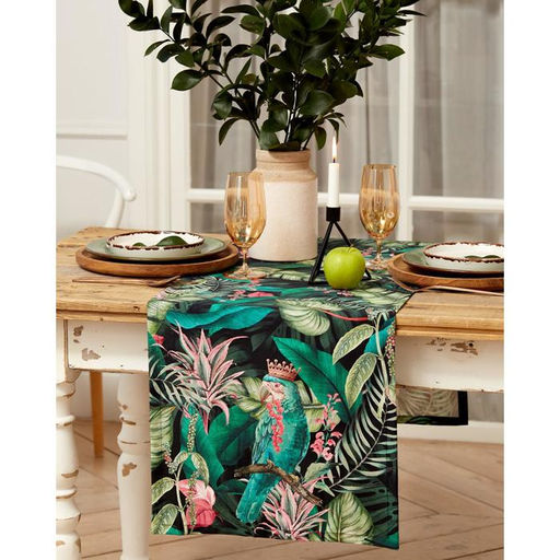 Дорожка на стол «Этель» Tropical parrots 40×146 см, 100% хлопок, саржа 190 г/м², зелёная/чёрная