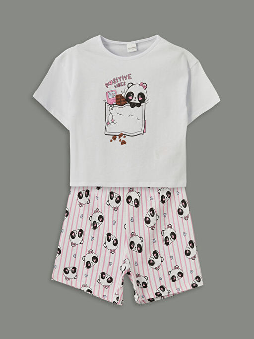 Bask?l? K?z ?ocuk ?ortlu Pijama Tak?m