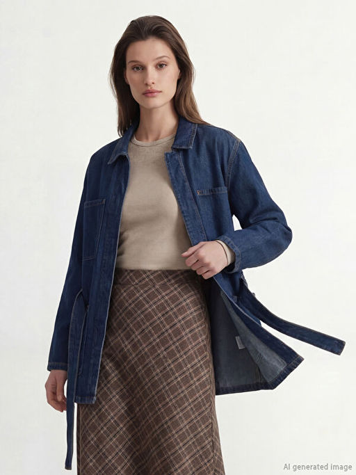 G?mlek Yaka Beli Ku?akl? Kad?n Jean Ceket