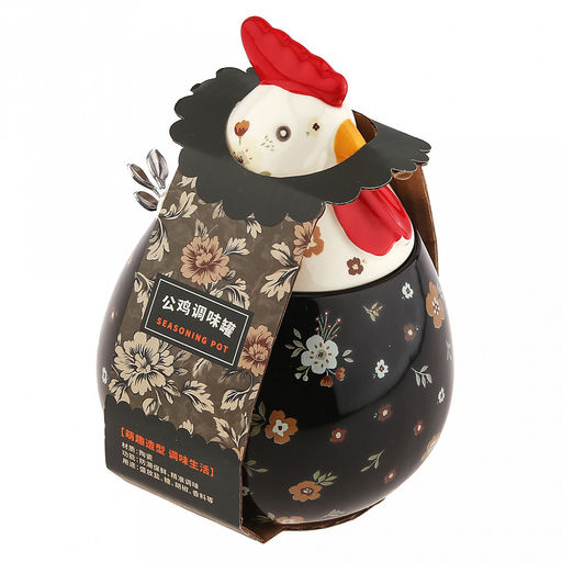 Банка для специй фарфоровая Петушок 460мл, д8-10,5см, h8,2см, с выемкой для ложки, общая h14,7см, металлическая ложка Веточка 12,3см, черный/бежевый с цветочками (Китай) - Домашняя мода фото 8