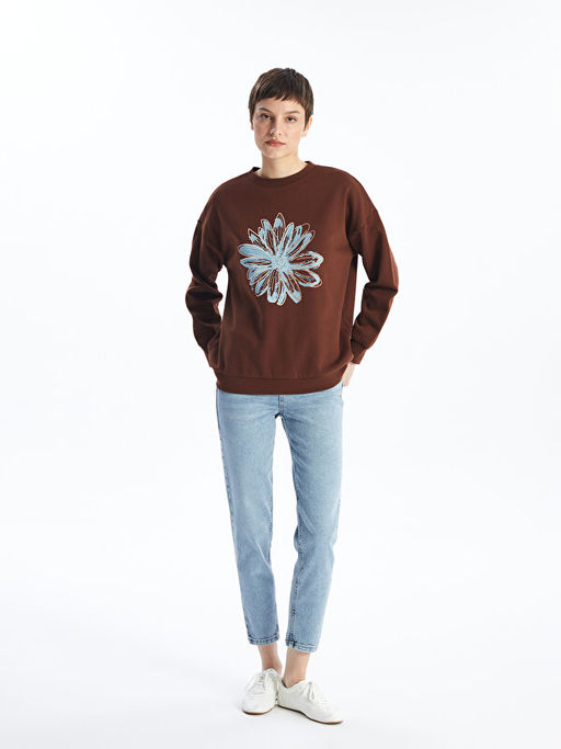 Bisiklet Yaka Bask?l? Oversize Kad?n Kal?n Sweatshirt