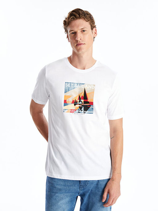 Bisiklet Yaka K?sa Kollu Bask?l? Penye Erkek Ti??rt