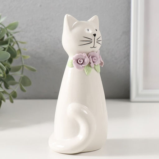 Сувенир керамика "Котик белый сидящий с цветочным ошейником" 6,5х6,2х14,3 см