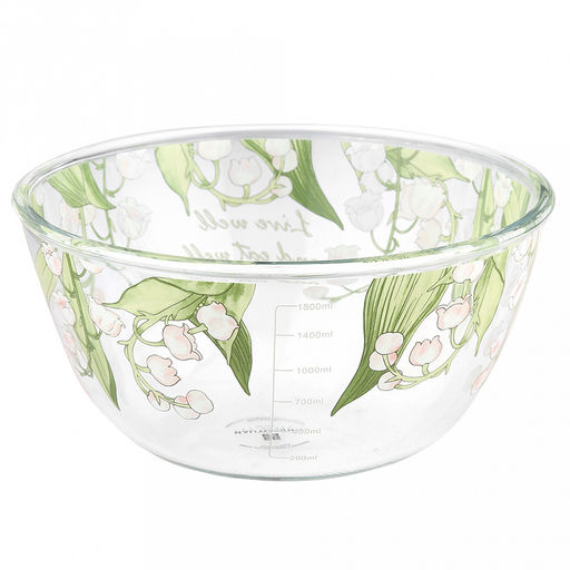 Салатник стеклянный "Ландыши" 2л д20,7см h10,3см, боросиликатное стекло, с деколью, с мерной шкалой (Китай)