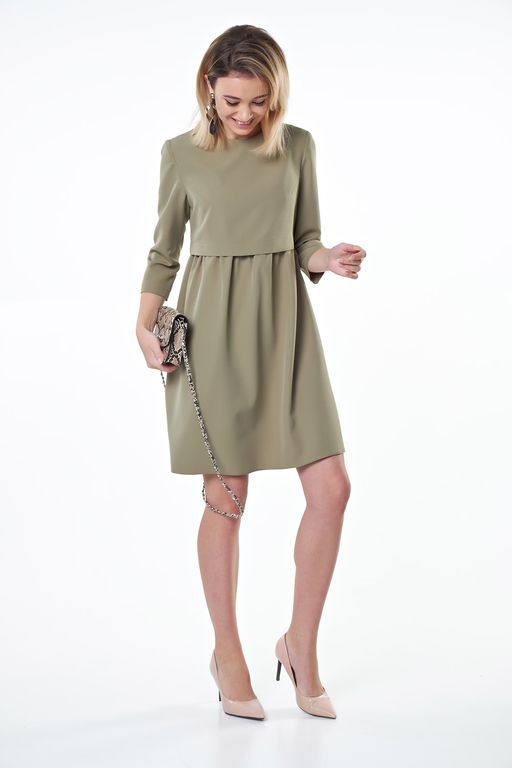 Платье повседневное свободное со сборкой на талии оливковое