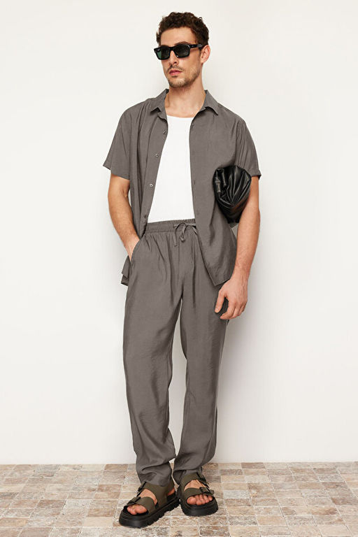 Haki Regular Fit Lastikli Beli Ba_lamal_ Modal Kar___ml_ Yumu_ak Tu_eli Pantolon TMNSS24PL00000