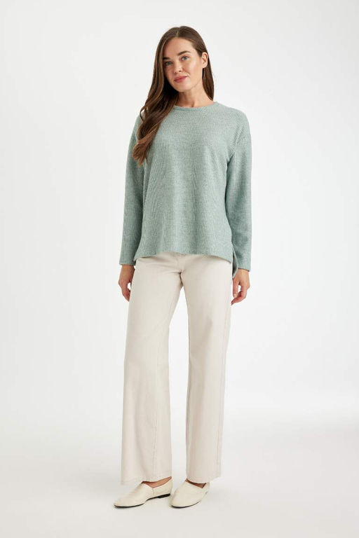 Женский простой свитшот свободного покроя с круглым вырезом в рубчик на бретельках с боковыми разрезами - Defacto фото 2