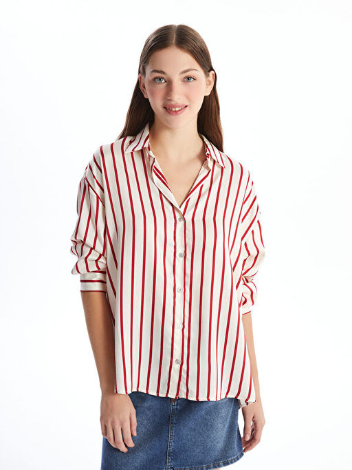 ?izgili Uzun Kollu Oversize Saten Kad?n G?mlek