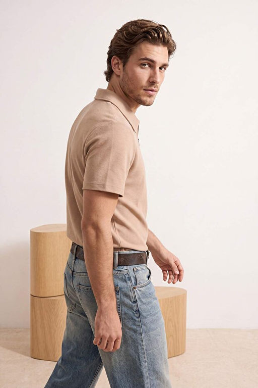 Camel Regular/Rahat Fermuarl_ Dokulu Kuma_ _rme Polo Yaka T-shirt TMNSS26PO00045 - Trendyolmilla фото 2
