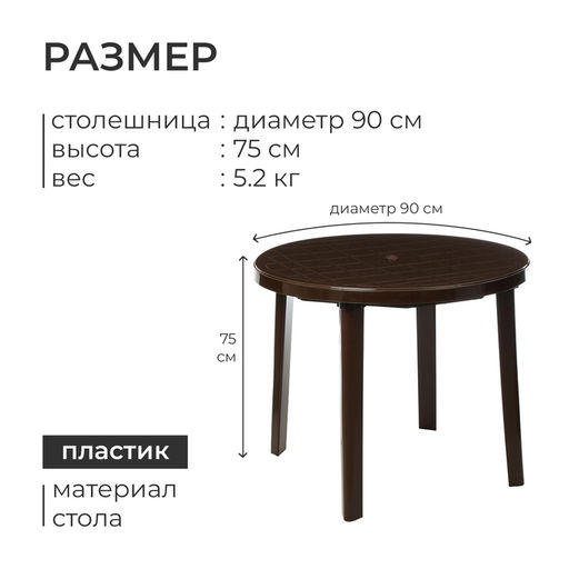 Стол круглый, 90×90×75 см, пластиковый, коричневый