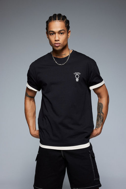 %100 Pamuk Boxy Fit Bisiklet Yaka S_rt Bask_l_ K_sa Kollu Ti__rt