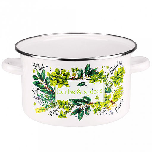 "Травы и специи" Кастрюля эмалированная 3л, цилиндрическая форма, металлическая крышка, ободок из нержавеющей стали, белый (Россия)