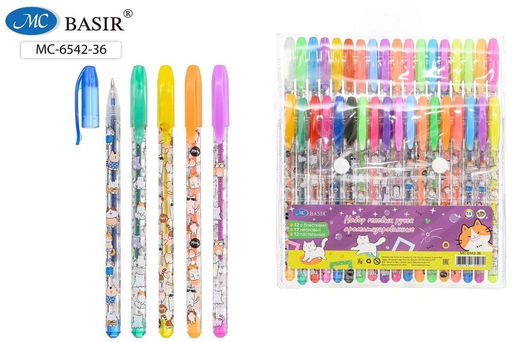 Набор ручек гелевых "Коты" 36цв. (MC-6542-36) 12цв. с блестками + 12цв. неон. + 12цв. пастель