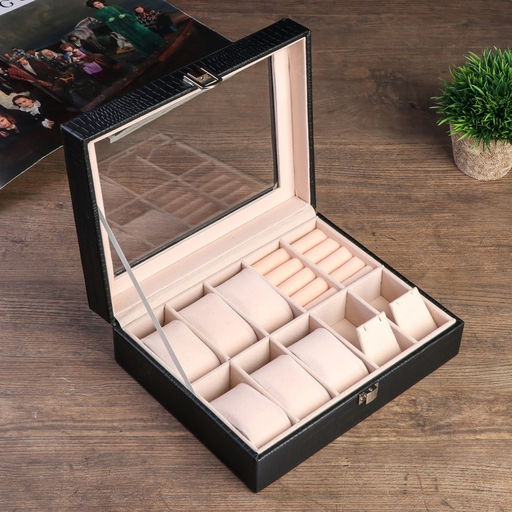 Шкатулка кожзам под часы 6 отделений и бижутерию Чёрная с белой строчкой 7,7х25,5х20 см - Simaland фото 4