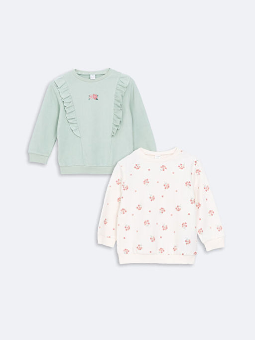 Bisiklet Yaka Bask?l? K?z ?ocuk Sweatshirt 2li